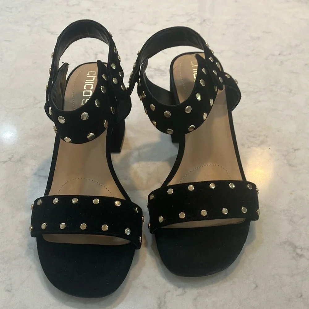 Chico's Black Suede Studded Women's Sandals Chunky Heel Sz‎ 7.5- W/ Box- EUC - Picture 3 of 11